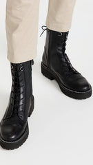 Sam Edelman Lenley Black Leather Chunky Heel Combat Lace Up Mid-Calf Boots
