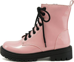 Soda Firm Pink Patent Lace Up Rounded Toe Chunky Platform Combat Ankle Boots