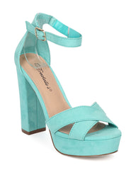 Breckelles Bella-43 Aqua Faux Suede Peep Toe Ankle Strap Block Platform Sandal
