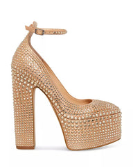 Steve Madden Skyrise Rhinestone Block Heel Ankle Strap Almond Toe Fashion Pumps