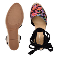 Nine West Black Multi Ankle Wrap Rounded Closed Toe Espadrille Wedges Sandals