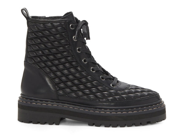 Vince Camuto Prellar Black Quilted Leather Lace Up Combat Fashion Ankle Boot