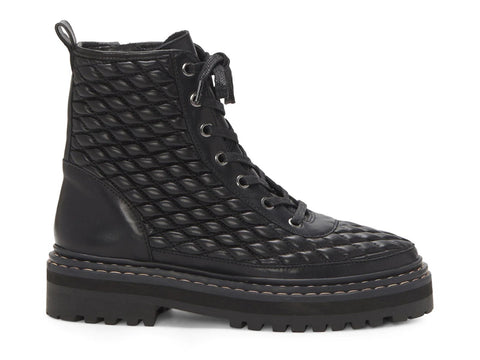 Vince Camuto Prellar Black Quilted Leather Lace Up Combat Fashion Ankle Boot