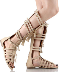 West Blvd Nairobi Nude Leather Flat Open Toe Knee High Gladiator Fringe Sandals