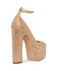 Steve Madden Skyrise Rhinestone Block Heel Ankle Strap Almond Toe Fashion Pumps