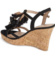 Charles David La Jolla Black Floral Raffia T-strap Platform Open Wedge Sandals