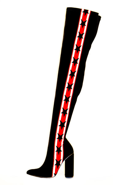 Cape Robbin Outko Black Multi Star Pointed Toe Stretch Fitted Thigh High Boots
