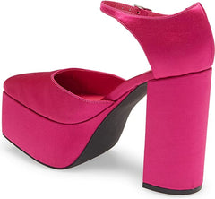 Jeffrey Campbell Ovr-N-Out Fuchsia Satin Square-Toe Ankle Strap Platform Pumps