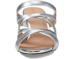 Cole Haan Alyse Silver Specchio Leather Open Toe Slip On Block Heeled Sandals