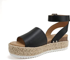 Soda Topics Black Pu Espadrille Platform Ankle Strap Studded Platform Sandals