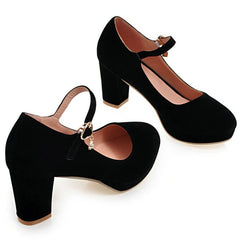 KISSASA Womens Faux Suede Platform Mary Jane Heels Round Toe Block Heeled Ankle Strap Pumps