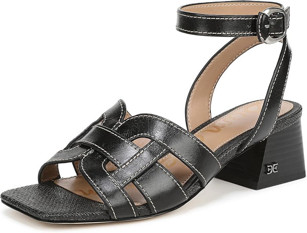 Sam Edelman Wayla Black Leather Ankle Strap Square Open Toe Block Heeled Sandals
