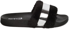 Cape Robbin Furry Open Toe Footbed Silver Metallic Band Pool Slide Sandals