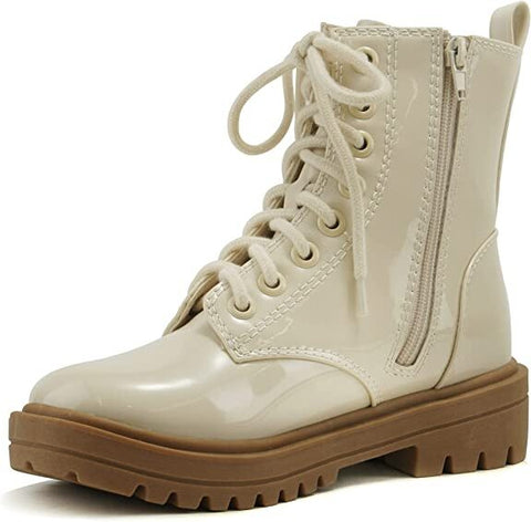 Soda Firm Bone Patent Lace Up Round Toe Chunky Combat Ankle Wide Boots
