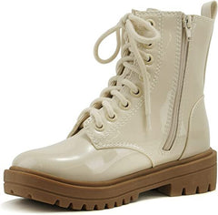Soda Firm Bone Patent Lace Up Round Toe Chunky Combat Ankle Wide Boots