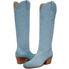 Sam Edelman Britten Aspen Sky Squared Toe Block Heel Knee High Western Boots