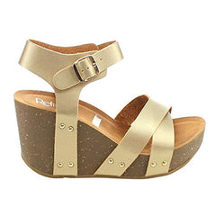 Refresh Mara-05 Champagne Ankle Strap Comfort Criss Cross Platform Wedge Sandals