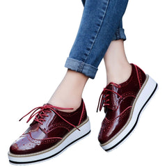 KIJBLAE Brogue Oxford Shoes Platform Chunky Heels Lace-Up Wingtip Loafers Red 42