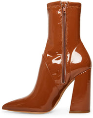 Steve Madden Slade Cognac Patent Pointed Toe HIgh Block Heel Fitted Booties