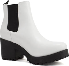 Soda Jaber White Pu Chunky Lug Sole Elastic Side Gore Pull On Chelsea Ankle Boot