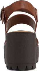 Soda Account Cognac Pu Ankle Strap Rounded Open Toe Strappy Block Heeled Sandals