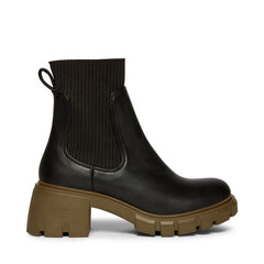 Steve Madden Hayle Black/Olive Chunky Pull On Rounded Toe Fashion Ankle Boots