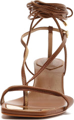 Schutz Vikki Lo Brown Ankle Strap Lace up Open Toe Stiletto Mid Heel Sandals
