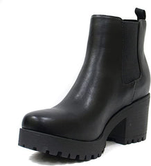Soda Jaber Black Pu Chunky Lug Sole Elastic Gore Pull On Wide Chelsea Ankle Boot