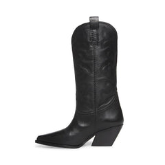 Steve Madden West Black Leather Pull On Pointed Toe Block Heel Western Boots