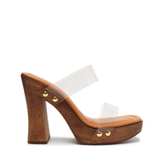 Schutz Aryana Vinyl Brown Double Strap Square Toe Wooden Platform Heel Sandals