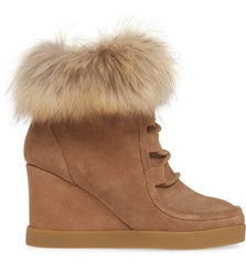 Cecelia New York Holly Wedge Bootie Chestnut Tan Suede Fur Lace Up Platform Boot