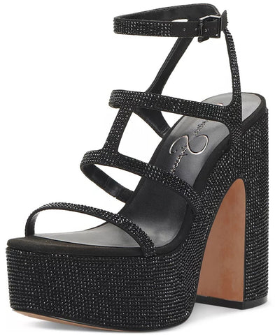Jessica Simpson Meitini Black Rhinestone Platform Open Toe Strappy Dress Pumps