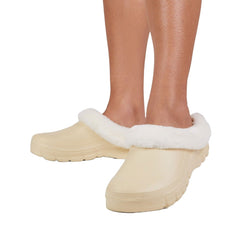 Luxemoda Women's Muffin Fluffy Faux Fur Trim Flat Rubber Mule Waterproof Slipper