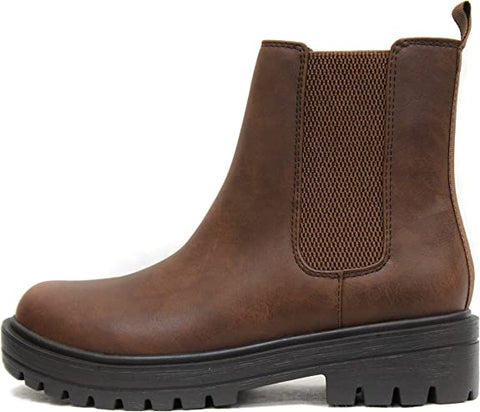 Soda Pilot Dark Tan Pull On Round Toe Chunky Platform Block Heel Wide Ankle Boot