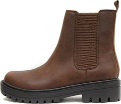 Soda Pilot Dark Tan Pull On Round Toe Chunky Platform Block Heel Wide Ankle Boot