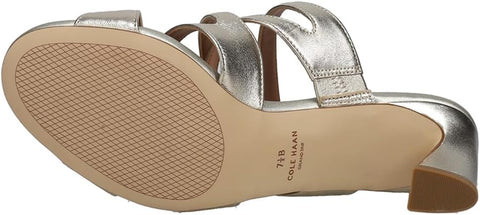 Cole Haan Alyse Gold Leather Round Open Toe Slip On Strappy Block Heeled Sandals