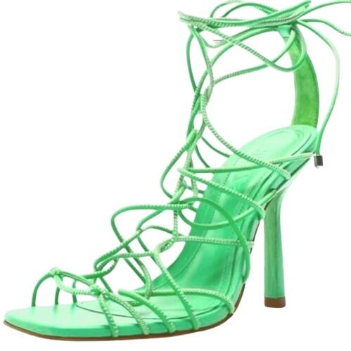 Schutz Heyde Green Square Open Toe Multi-Strap Lace Up Stiletto High Heel Sandal