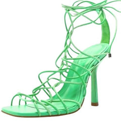 Schutz Heyde Green Square Open Toe Multi-Strap Lace Up Stiletto High Heel Sandal