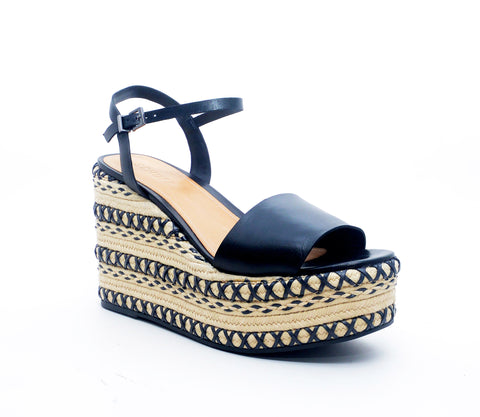 Schutz Lohane Black Espadrille Leather Vamp Ankle Strap Platform Wedge Sandal