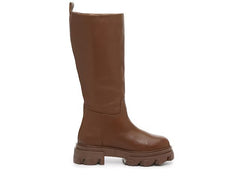 Steve Madden Priority Cognac Leather Chunky Lug Sole Rounded Toe Pull On Boots