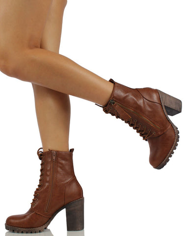 Soda Women's Malia Block Heel Lace Up Lug Sole Combat Boot