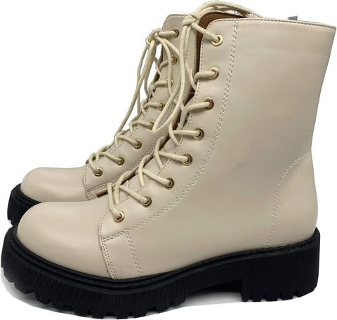 WuORWu Beige Fashion Lace Up Rounded Toe Chunky Platform Combat Ankle Boots