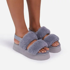 Luxemoda Tata Fluffy Stripe Platform Slip On Open Toe Faux Fur Slippers