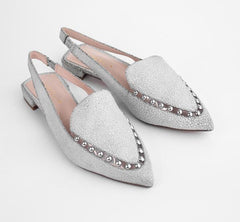 Cecelia New York Cleo White Silver Elasticized Slingback Pointed Toe Flats Shoes
