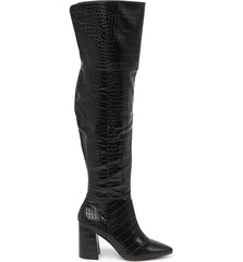 Charles David Various Black Croco Leather Over Knee Pointed Toe Block Heel Boots
