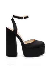 Jessica Simpson Skilla Black Satin Platform Pump Buckle Strap Block Heel Sandals