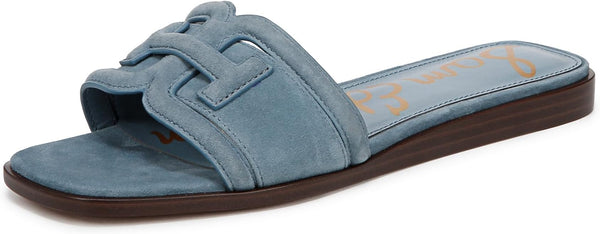 Sam Edelman Irina Dark Coastal Blue Leather Squared Open Toe Flat Wide Sandals