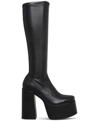 Steve Madden Cray Black Squared Toe Pull On Block Heel Knee High Stretchy Boots