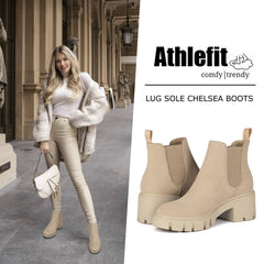 Athlefit Women's Chelsea Boots Fashion Lug Sole Chunky Heel Slip on Elastic Ankle Booties