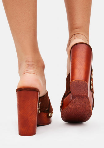 Steve Madden Emiko Metallic Detail Stacked Wood Platform Wedge Slide Sandals Brown Suede